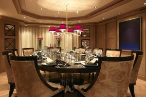 Decoration Thumbnail size Attractive Red Shade Dining Room Chandeliers Over Black Round Dining Table Wooden Materials Also Wonderful Armless Chairs Also Good Looking Ceiling Dining Lighting Scheme In Luxurious