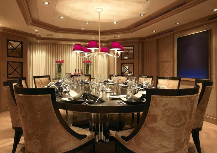 Decoration Attractive Red Shade Dining Room Chandeliers Over Black Round Dining Table Wooden Materials Also Wonderful Armless Chairs Also Good Looking Ceiling Dining Lighting Scheme In Luxurious Handmade Chandeliers In Japanese Style