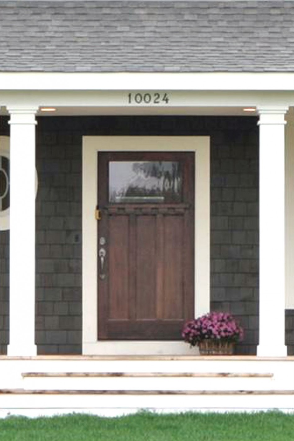 Breathtaking Image Of Front Porch Decoration Using Black Rustic Wood Siding Including Mahogany Wood Single Front Door Also Dark Grey Roof Tile Good Looking Image Of Front Porch Decoration Ideas