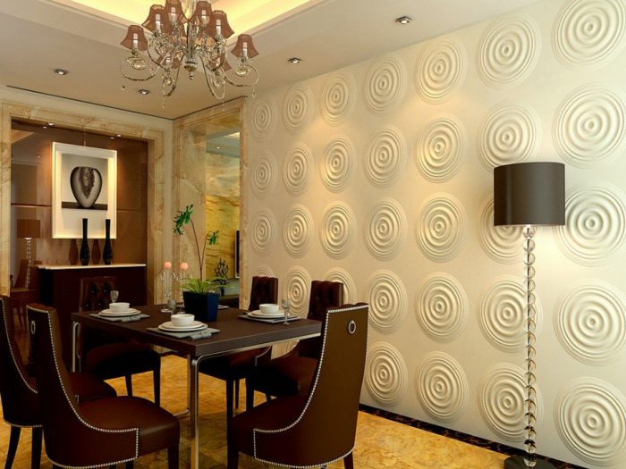 Decoration Medium size Decoration Captivating Home Interior Decorating Scheme For Dining Rooms Using A Cylinder Black Standing Lamp Also Brown Chandeliers Also Escorted By White Padded Wall Panel Also Small Rounded Ceiling Fittings Introduction To Padded Wall Panels And Its Materials