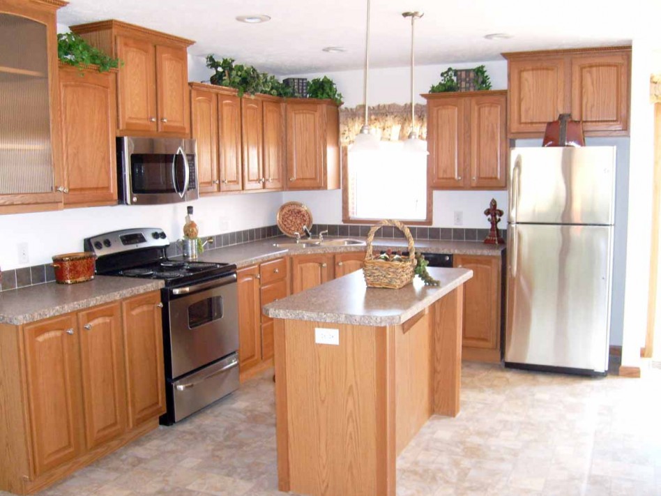 Charming Kitchen Decorating Style Scheme Escorted By Light Brown Small Kitchen Island Also Ligt Grey Marble Top Also Small Metal Sink Cute Golden Honey L Shape Cabinetry See Kitchen Kitchen Designs