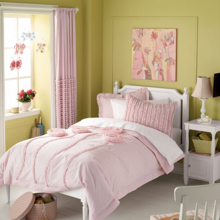 Bedroom Designs Cute Style For Girls Bedroom Curtains Escorted By Single White Wooden White Frames Windowed Also Green Wall Panels Also Wonderful White Covers Single Bed As Well As White Shade Unique Lamp Combination Of Zen Bedroom Furniture