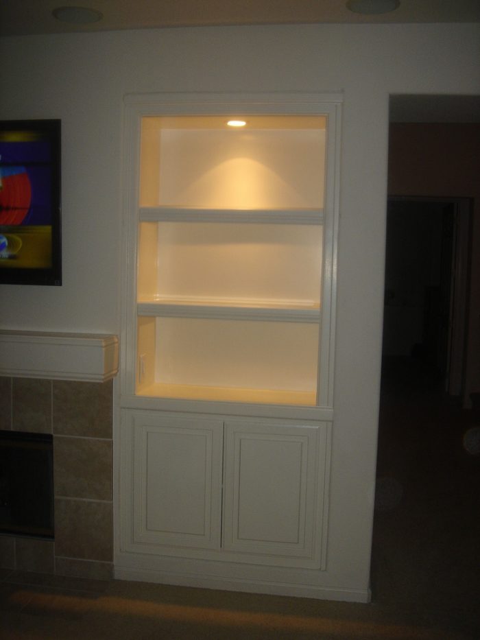 Decoration Medium size Cute White Wooden Cabinet Escorted By Three Levels Cute Book Shelve Nice Glommy Lights Details Decorize Your Wall Also Room Escorted By Beautiful Book Shelves