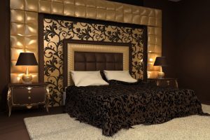 Decoration Dazzling Home Interior Style Inspirations For Bedrooms Using Brown Gold Padded Wall Panel Also Brown Desk Lamps Also Escorted By A Rectangular White Fur Rug Also Brown Wooden Cabinets Along Epic-Home-Interior-Style-Inspiration-For-Bedrooms-Using-A-Rectangle-Green-Brown-Rug-Also-Brown-Headboard-Bed-Includes-White-Bed-Covers-Also-Rectangle-Yellow-Motif-Pillows-Also-Escorted-By-Pink-Green