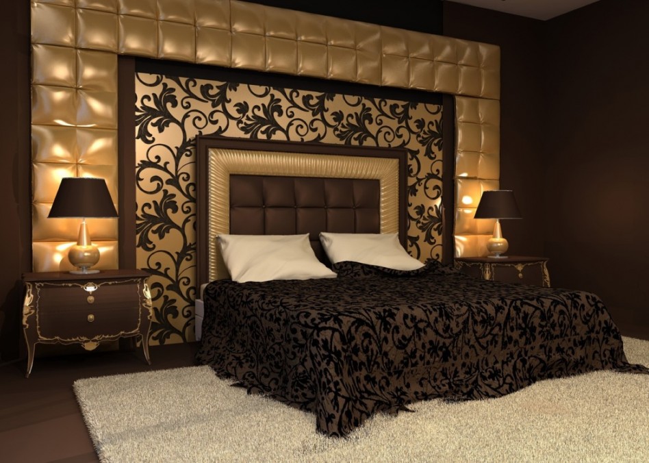 Dazzling Home Interior Style Inspirations For Bedrooms Using Brown Gold Padded Wall Panel Also Brown Desk Lamps Also Escorted By A Rectangular White Fur Rug Also Brown Wooden Cabinets Along Decoration