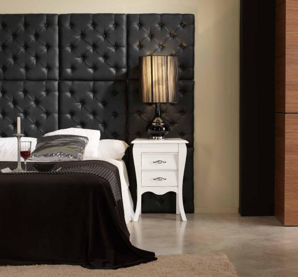 Delectable Home Interior Style Inspirations For Bedrooms Using White Wooden Cabinets Also Black Padded Wall Panel Also Escorted By Cylinder Black Brown Desk Lamps Also A King Size Bed Along Decoration