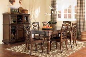 Dining Room Designs Thumbnail size Dining Room Decoration Using Rectangular Cherry Wood Dining Table Including Light Brown Flower Rug Under Dining Table Also Black Leather Chair Pads Dining Room