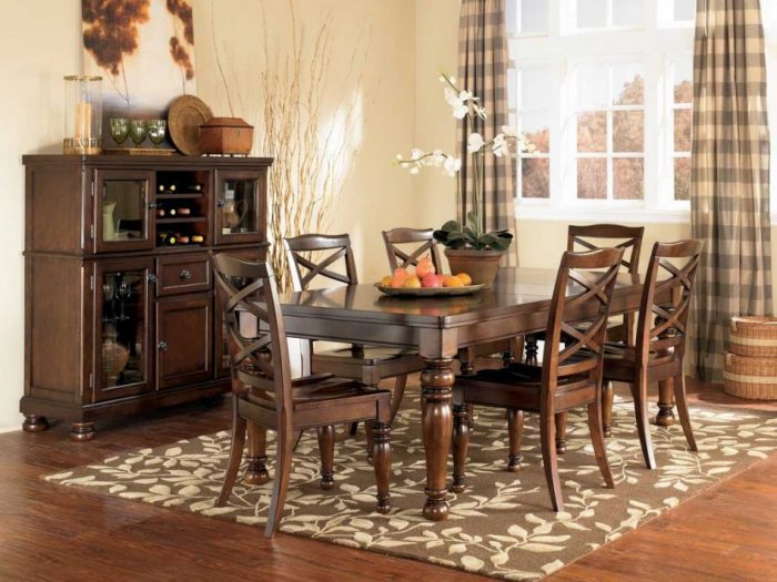 Dining Room Designs Dining Room Decoration Using Rectangular Cherry Wood Dining Table Including Light Brown Flower Rug Under Dining Table Also Black Leather Chair Pads Dining Room Dining Room Sideboard Decorating Ideas For Storing Place