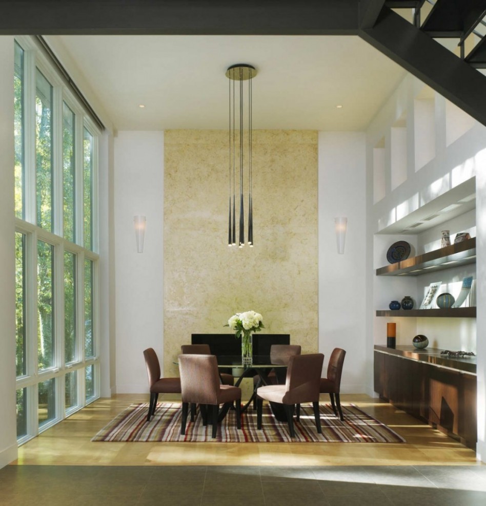 Dining Room Decoration Using Round Glass Dining Table Tops Including Tall Ceiling In Dining Room Also Stripe Brown Rug Under Dining Table Dining Room Decor Dining Room Designs