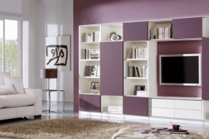 Furniture + Accessories Thumbnail size Divine Purple Wall Painted Escorted By White Hardwood Living Room Shelves For Tv Shelf Also Bookshelves In Modern Living Areas Added Brown Area Rug Scheme Also Romantic Lighting Decors