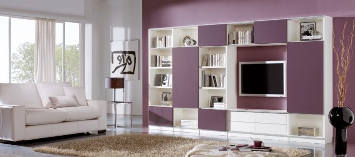 Furniture + Accessories Divine Purple Wall Painted Escorted By White Hardwood Living Room Shelves For Tv Shelf Also Bookshelves In Modern Living Areas Added Brown Area Rug Scheme Also Romantic Lighting Decors Maintaining Comic Books In Comic Book Shelves