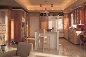 Kitchen Designs Thumbnail size Elegant U Shape Kitchen Decoration Escorted By Solid Light Oak Wood Kitchen Cabinet Including Red Peach Kitchen Wall Paint Also Rectangular Grey Granite Top White Wood Kitchen Islands Magnificent