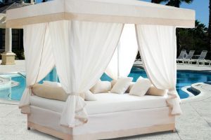 Furniture + Accessories Thumbnail size Escorted By Canopy Furniture Style Escorted By White Outdoor Beds Canopy White Mattress Escorted By White Cushions Also White Curtains Which Is Located Beside The Swimming Pool