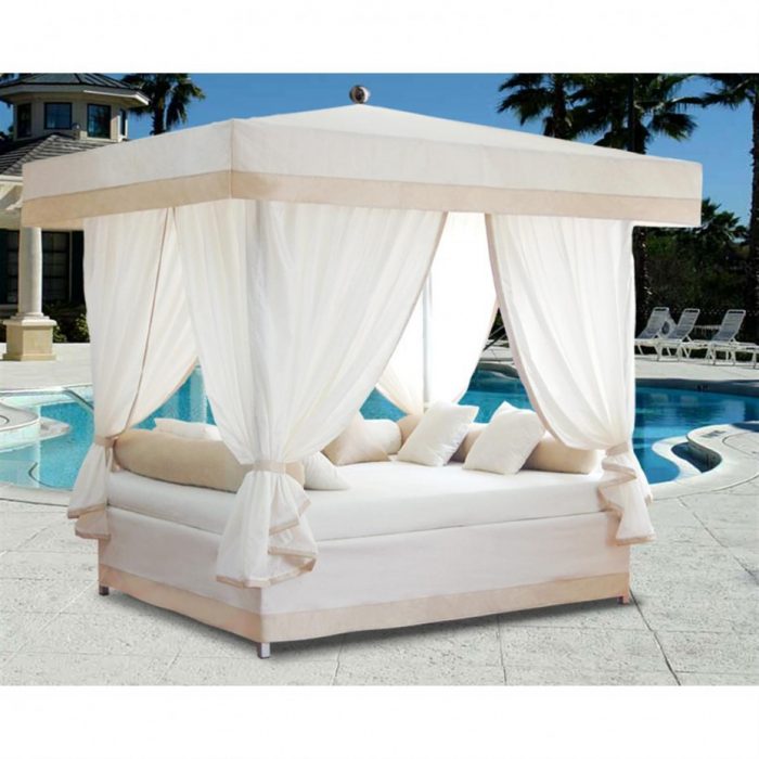 Furniture + Accessories Escorted By Canopy Furniture Style Escorted By White Outdoor Beds Canopy White Mattress Escorted By White Cushions Also White Curtains Which Is Located Beside The Swimming Pool Elegant Outdoor Canopy Beds