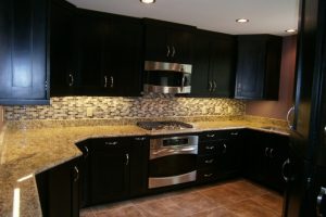 Kitchen Designs Thumbnail size Excellent White Gray Glass Tile Backsplash Also Brown Mosaic Granite Countertop As Well As Cool Espresso Kitchen Cabinets Also Microwave Shelves Also Ceiling Lights In Contemporary