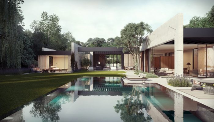 Exterior Design Medium size Faboulus Contemporary House Feature Escorted By Huge Pool Front Point Nice Custom Heavy Meterial Building Escorted By Trees View Apply Contemporary House Features For Your Home Plan