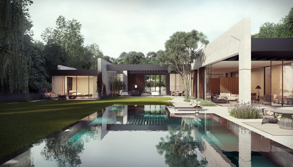 Faboulus Contemporary House Feature Escorted By Huge Pool Front Point Nice Custom Heavy Meterial Building Escorted By Trees View Apply Contemporary House Features For Your Home Plan Exterior Design