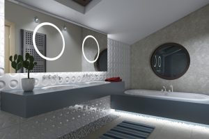 Bathroom Designs Thumbnail size Fancy Guest Grey Bathrooms Styles Escorted By Grey Floating Vanity Added Rectangle Tubs As Well As Wide Wall Mount Mirror Scheme Exquisite Grey Bathrooms Fixtures Also Fittings Style