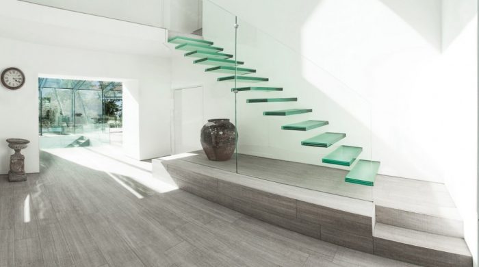 Exterior Design Medium size Fantastic Contemporary House Feature Style Escorted By Green Tempered Glass Application On The Stair Cute Glass Table On The Floor Escorted By Chinese Jar Spacious Room Escorted By Minimalist Style Apply