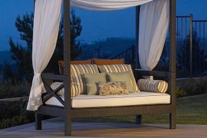 Furniture + Accessories Thumbnail size Gorgeous Styleed Outdoor Canopy Bed Bedroom Style Scheme Rectangular Modern Escorted By White Mattress Also Colored Patterned Striped Cushions Also White Curtains Placed Gardens