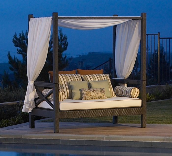 Furniture + Accessories Gorgeous Styleed Outdoor Canopy Bed Bedroom Style Scheme Rectangular Modern Escorted By White Mattress Also Colored Patterned Striped Cushions Also White Curtains Placed Gardens Elegant Outdoor Canopy Beds