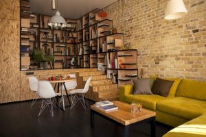 Exterior Design Thumbnail size Interior Apartment Design Ideas With Brick Wall Design And Yellow L Shaped Sofa Design And Cushion With Wood Table Design Fkor Living Room Furniture Ideas With Round Table Ideas