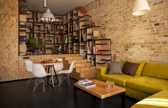 Exterior Design Interior Apartment Design Ideas With Brick Wall Design And Yellow L Shaped Sofa Design And Cushion With Wood Table Design Fkor Living Room Furniture Ideas With Round Table Ideas Essential Things To Build New Home