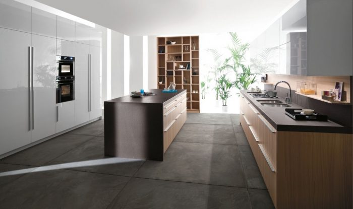 Kitchen Designs Italian Kitchen Style Escorted By Modern White Kitchen Cabinets That Have A Oven In It The Black Tile Floor Escorted By Big Size Beautiful Islands Black Countertops Also Laminate Laminate Flooring Vs Wood Flooring: Choosing The Best Flooring Material