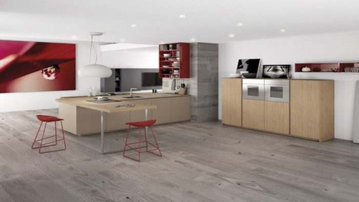 Kitchen Designs Kitchen Decor Escorted By Wooden Plank For Flooring Tiles Interior In Rustic Style Style Scheme Escorted By Simple Islans Red Chair Also White Pendant Lamp Modern Kitchen Laminate Flooring Vs Wood Flooring: Choosing The Best Flooring Material