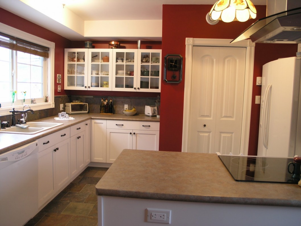 Kitchen Flooring Escorted By Red Wall Decoration Also Granite Countertops On White Furniture Of Islands Nd Kitchen Cabinet Also Beautiful Pendant Lamp Modern Kitchen Flooring Kitchen Designs