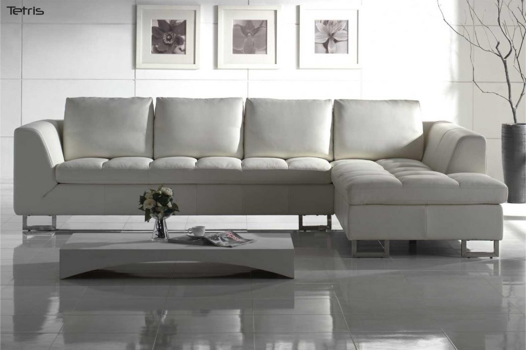 Furniture + Accessories Large-size Lovely White Leather Sectional Sofa Furniture Set For Living Room Interior Design With Best Floor Cute Table Design Vase Flower Magazines Glass White Wall And Wall Picture Ideas Furniture + Accessories