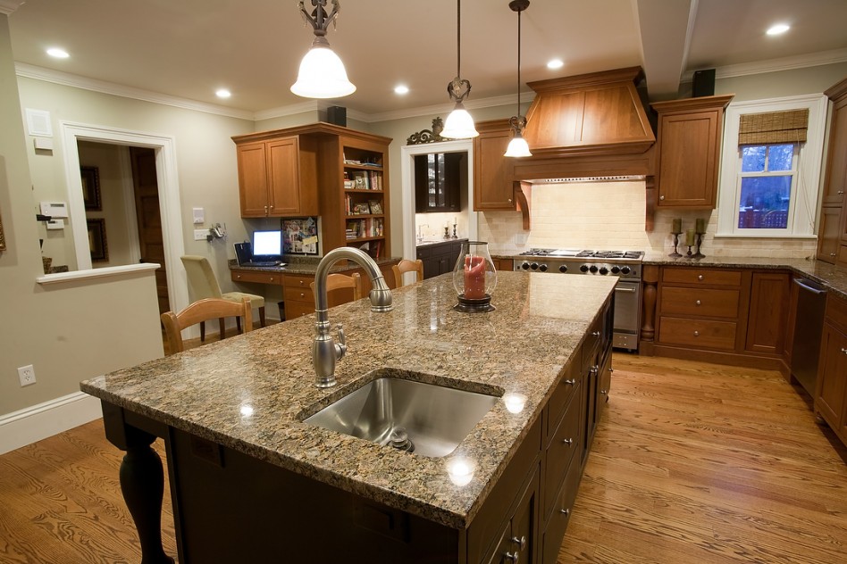 Marvelous Kitchen Decoration Escorted By Light Brown Granite Top Also Square Chrom Sink Great Fuly Glossy Kictehn Wooden Floor See Kitchen Island Styles Escorted By Sink Images Kitchen Designs