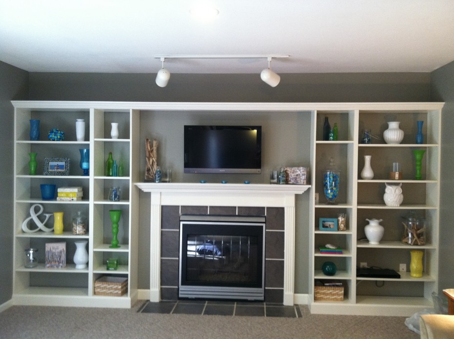 Measured Custom White Wooden Living Room Shelves Escorted By Fireplace Tv Mantel As Well As Spot Light Ceiling Lamps As Decorate In Modern Grey Living Scheme Admirable Living Room Shelves Furniture + Accessories