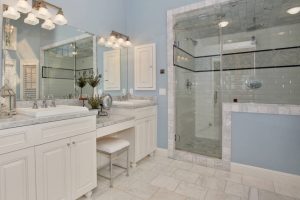 Exterior Design Thumbnail size Modern American Bathrom In Blue And White Color Design Ideas With Large Mirror And Bathroom Furniture And Wall Design Ideas For Bathroom Also Ceiling Lamp Ideas