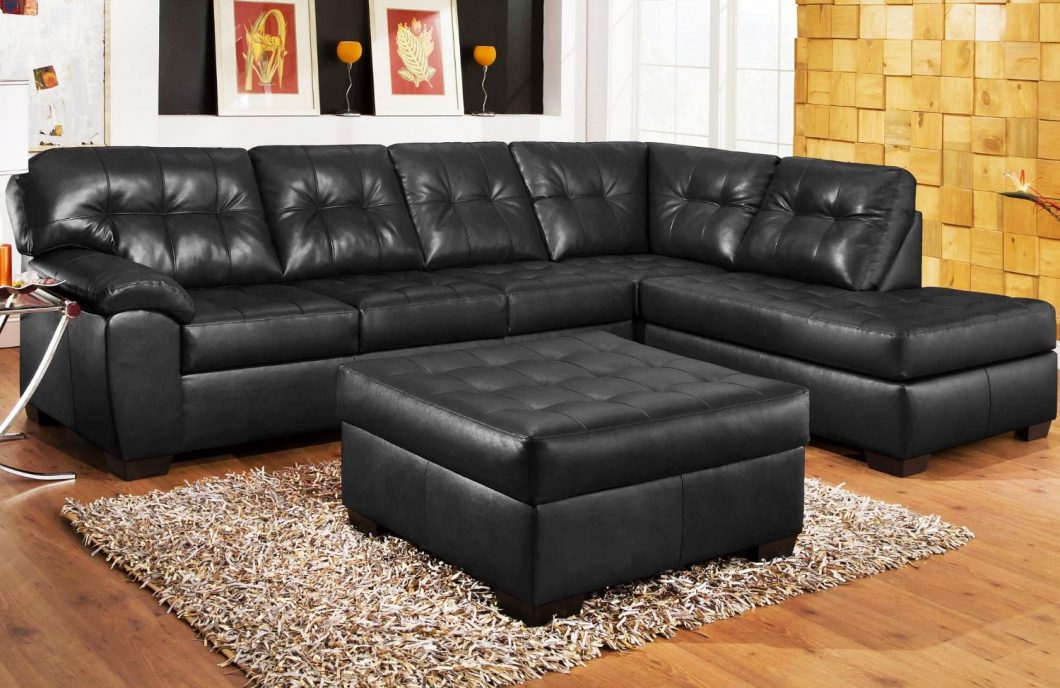 Furniture + Accessories Large-size Modern Black Leather Sectional Sofa For Living Room Furniture Set With Fur Rug Laminated Wooden Floor Wooden Cube Wall Picture Wall Ideas Furniture + Accessories