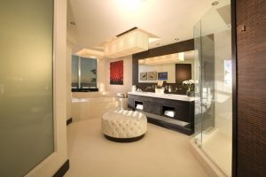 Exterior Design Thumbnail size Modern Interior Bathroom Design Ideas With Small Glass Window And Large Mirror And White Pouf And Bathroom Ceiling Design And Beautiful Bathroom Lighting Ideas