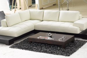 Furniture + Accessories Thumbnail size Modern Leather Sectional White Sofa And Stained Wooden Table With Glass And Magazines Black Fur Rug White Floor Ideas And Several Furniture For Interior Home