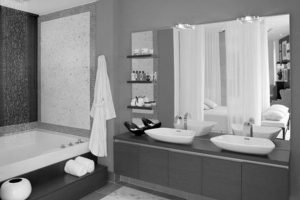 Bathroom Designs Thumbnail size Modern Small Grey Bathrooms Decors Escorted By Double Sink Floating Vanities Added Wall Mount Mirror Lights Also Rectangle Tubs As Well As Wall Mount Shelves Bathrooms Styles