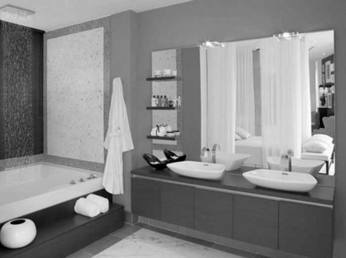 Bathroom Designs Modern Small Grey Bathrooms Decors Escorted By Double Sink Floating Vanities Added Wall Mount Mirror Lights Also Rectangle Tubs As Well As Wall Mount Shelves Bathrooms Styles The Way In Decorating Small Bathrooms On A Budget Limited