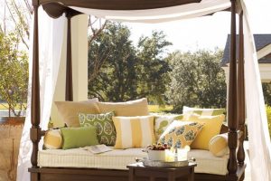 Furniture + Accessories Outdoor Canopy Having Brown Wooden Frame Escorted By White Mattress Also Some Colorful Cushions Also White Curtains Plus Small Wooden Table Awesome Outdoor Beds Escorted By Canopy Style Romantic-Outdoor-Beds-Escorted-By-Canopy-Styles-Scheme-Escorted-By-Rattan-Beds-Canopy-White-Mattress-Also-White-Curtains-Escorted-By-Atmosphere-Beach-Outdoor-Beds-Escorted-By-Canopy-Style
