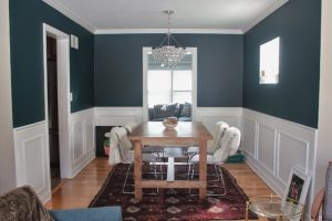 Dining Room Designs Thumbnail size Small Dining Room Decoration Using Peacock Blue Wall In Dining Room Along Escorted By Dark Brown Flower Rug Under Dining Table Rectangular Light Oak Wood Dining Table Dining