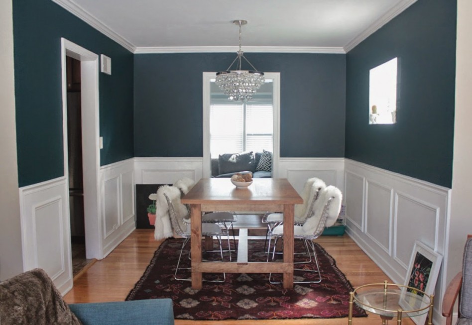 Small Dining Room Decoration Using Peacock Blue Wall In Dining Room Along Escorted By Dark Brown Flower Rug Under Dining Table Rectangular Light Oak Wood Dining Table Dining Dining Room Designs