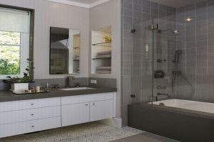 Bathroom Designs Thumbnail size Snazzy White Also Grey Bathrooms Vanity Escorted By Wall Mirror Also Clear Glass Divider Shower Tubs As Decorate In Contemporary Bathroom Styles Exquisite Grey Bathrooms Fixtures