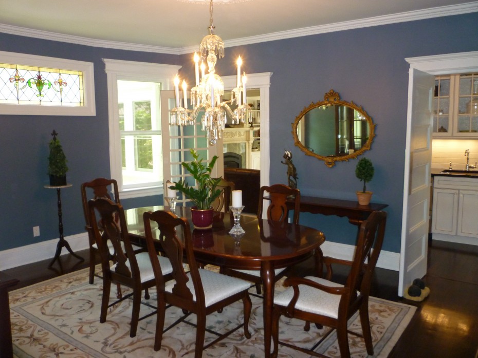 Splendid Glass Dining Room Chandeliers Over Antique Dining Set On White Dining Room Rugs Also Unique Oval Mirror Attach On Blue Wall Paining As Dining Wall Decor Also White Wooden Decoration