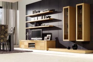 Furniture + Accessories Thumbnail size Stunning Wooden Living Room Shelves Attached At Black Porcelain Wall Tiles Decoration Also Simple Wooden Tv StAlso Also Free Standing Cabinetry In Modern Living Room Styles Admiration