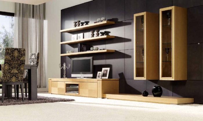 Furniture + Accessories Stunning Wooden Living Room Shelves Attached At Black Porcelain Wall Tiles Decoration Also Simple Wooden Tv StAlso Also Free Standing Cabinetry In Modern Living Room Styles Admiration Maintaining Comic Books In Comic Book Shelves