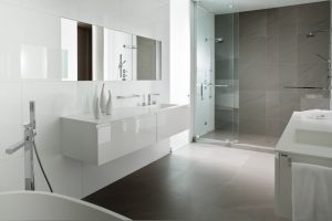 Bathroom Designs Thumbnail size Swish White Gloss Acrylic Floating Vanities Bath Added Square Undermount Sink Also Long Rectangle Mirror In Large Space Grey Bathrooms Also Modern Walk In Shower Room Scheme