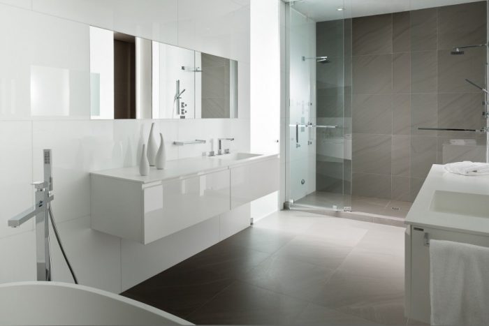 Bathroom Designs Swish White Gloss Acrylic Floating Vanities Bath Added Square Undermount Sink Also Long Rectangle Mirror In Large Space Grey Bathrooms Also Modern Walk In Shower Room Scheme The Way In Decorating Small Bathrooms On A Budget Limited