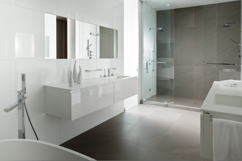 Swish White Gloss Acrylic Floating Vanities Bath Added Square Undermount Sink Also Long Rectangle Mirror In Large Space Grey Bathrooms Also Modern Walk In Shower Room Scheme Bathroom Designs