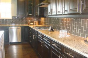 Kitchen Designs Outstanding Gray Marble Countertop Also Backsplash Also Modern White Stove Top As Well As White Microwave In Shelving Storage Espresso Kitchen Cabinets In Small Kitchen Decor Scheme Kitchen Flooring Trends with Diagonal Pattern for Beautiful Kitchen